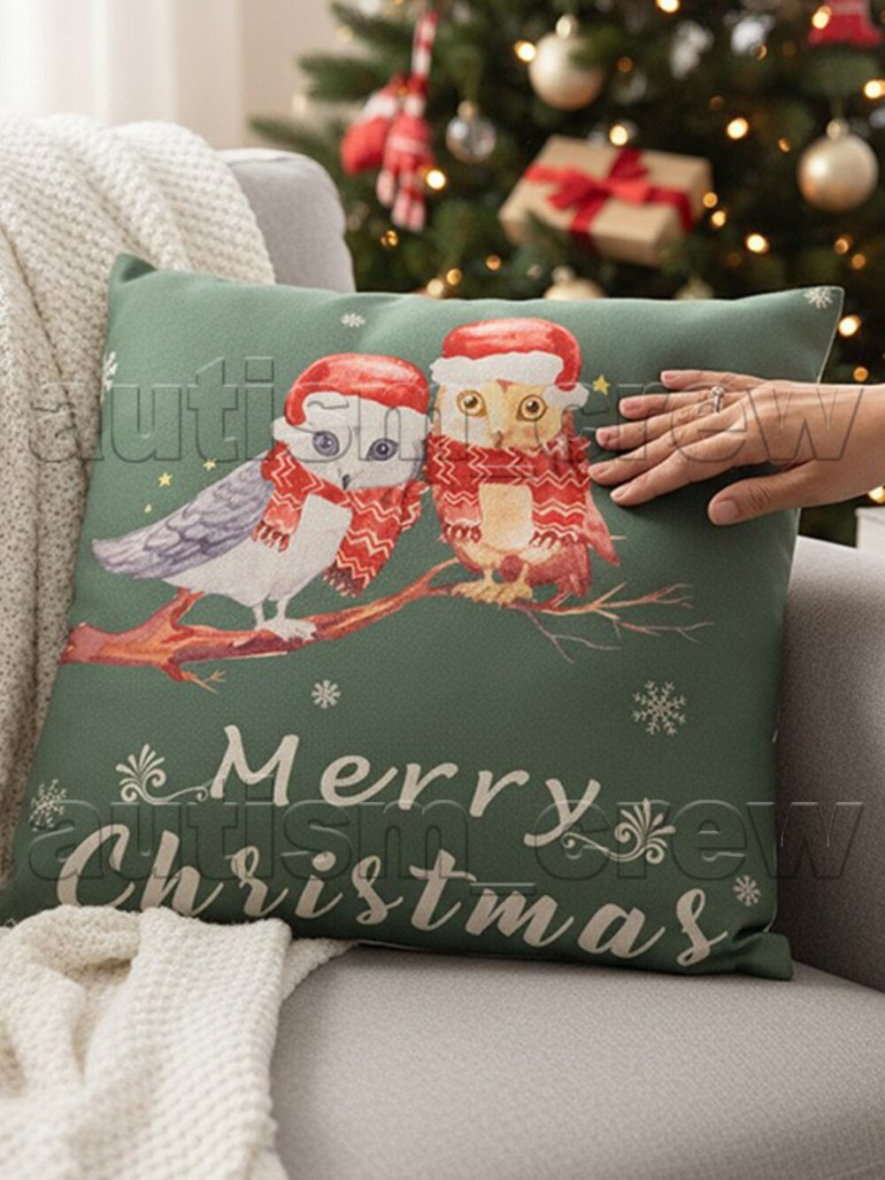 2/$12 💥🆕 Merry Christmas Owls Green Sofa/Bed Accent Pillow Zip Cover | 3561